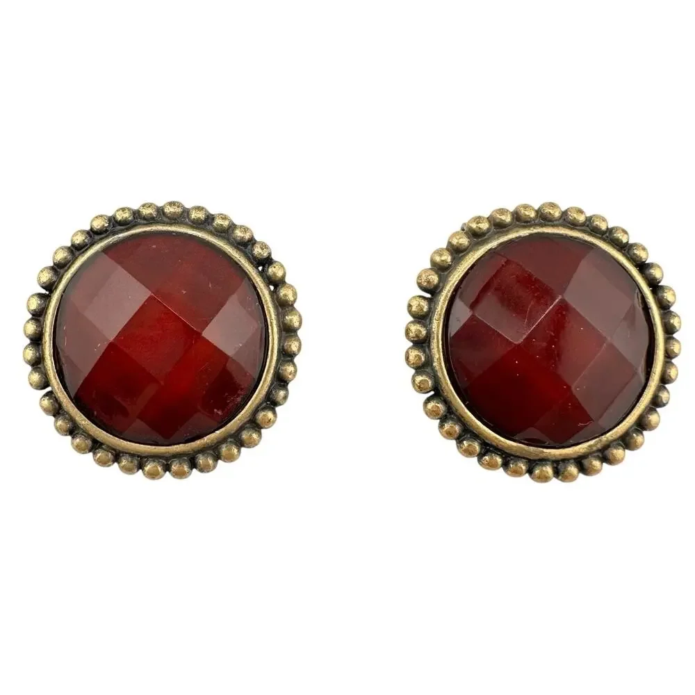 Liz Claiborne Red Rhinestone Antiqued Gold Tone Modern .75